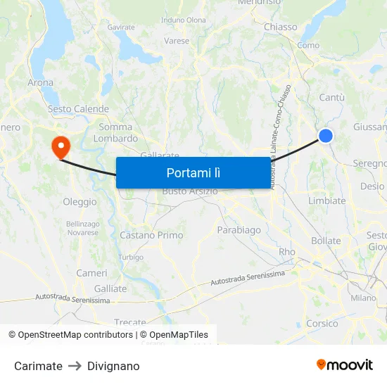 Carimate to Divignano map