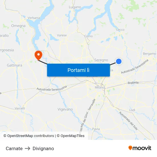 Carnate to Divignano map