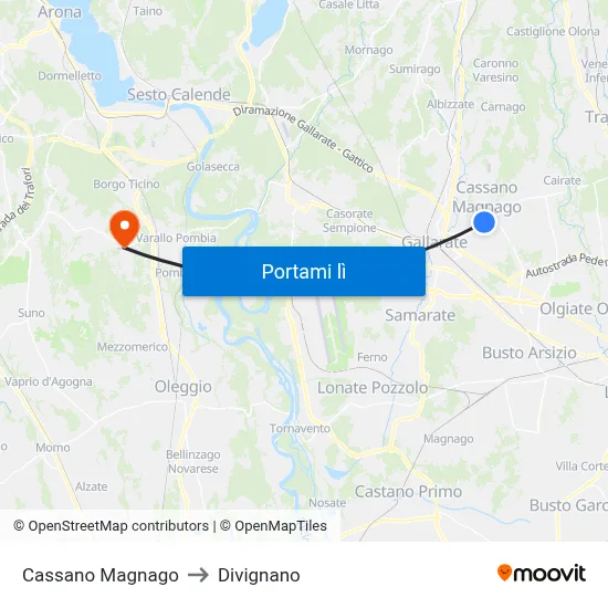 Cassano Magnago to Divignano map