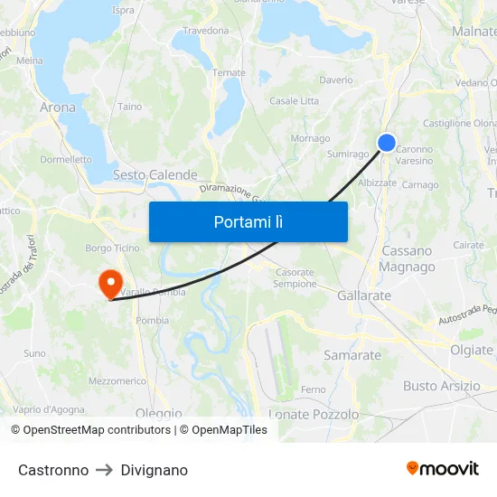 Castronno to Divignano map