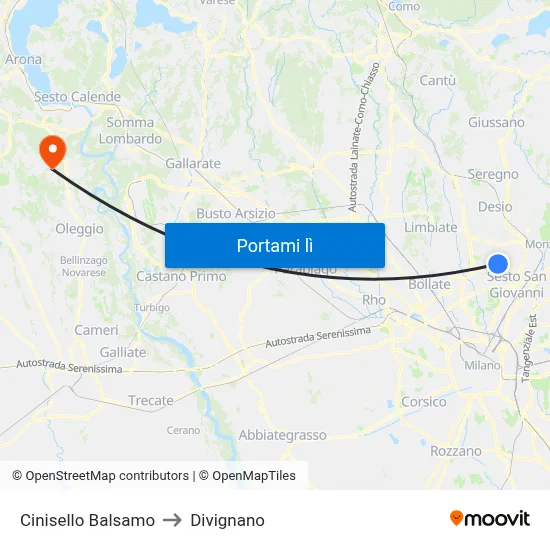 Cinisello Balsamo to Divignano map