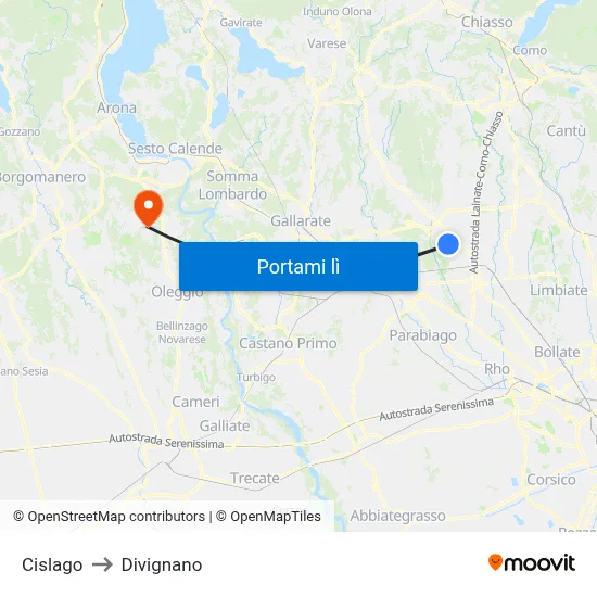 Cislago to Divignano map