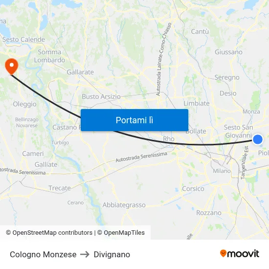 Cologno Monzese to Divignano map