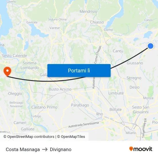 Costa Masnaga to Divignano map
