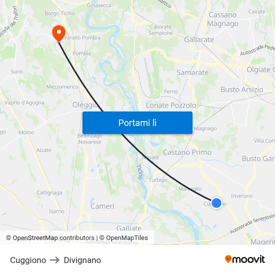 Cuggiono to Divignano map