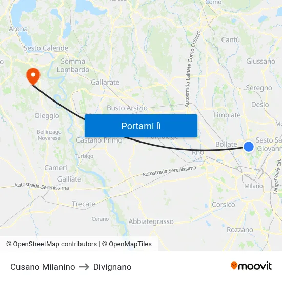Cusano Milanino to Divignano map