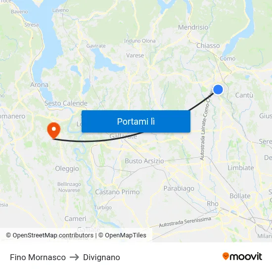 Fino Mornasco to Divignano map