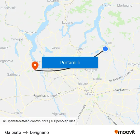 Galbiate to Divignano map