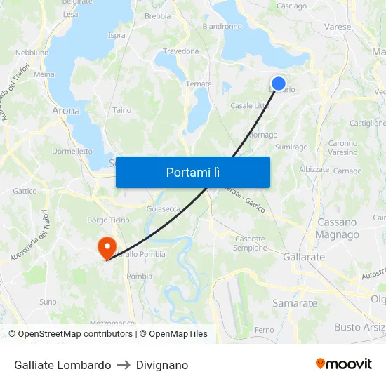 Galliate Lombardo to Divignano map