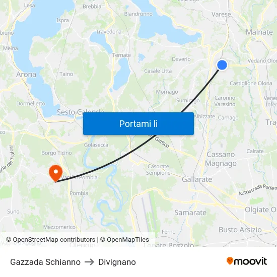 Gazzada Schianno to Divignano map