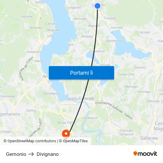 Gemonio to Divignano map