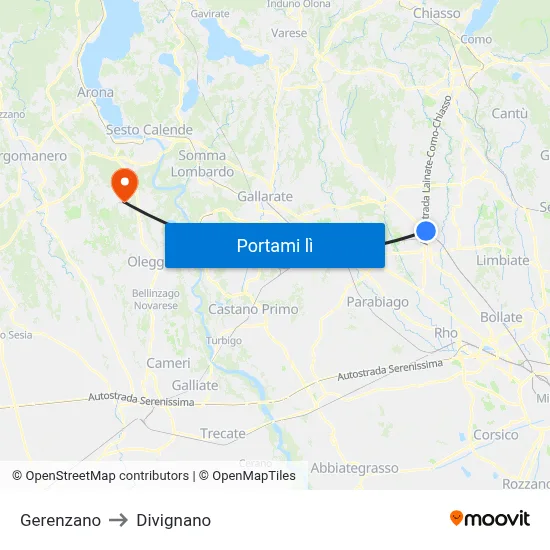 Gerenzano to Divignano map