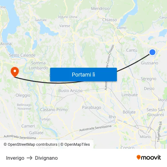 Inverigo to Divignano map