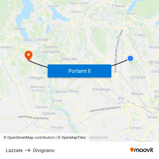Lazzate to Divignano map