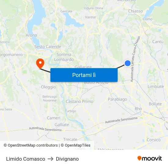 Limido Comasco to Divignano map