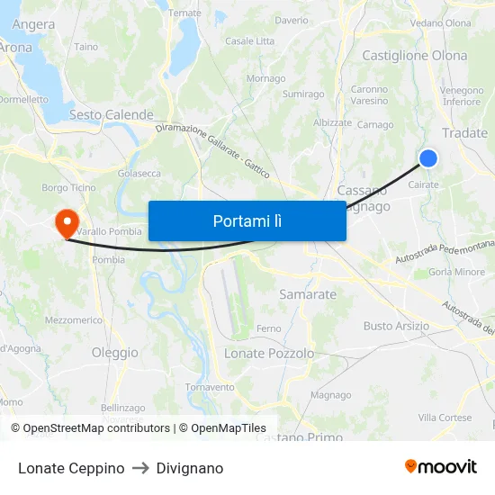 Lonate Ceppino to Divignano map