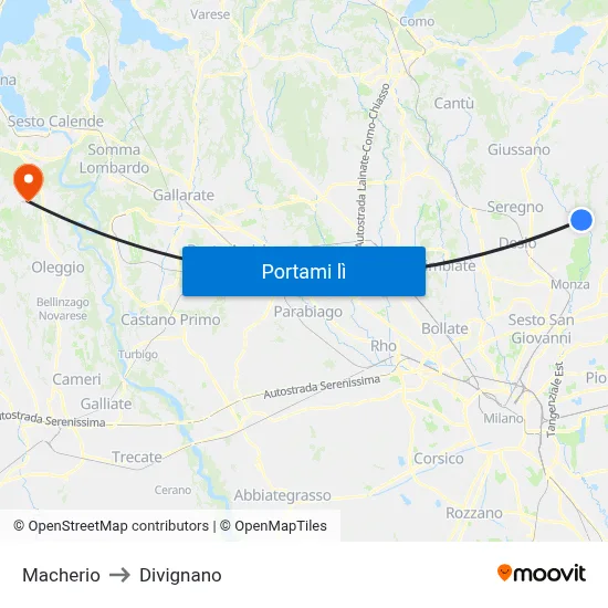 Macherio to Divignano map