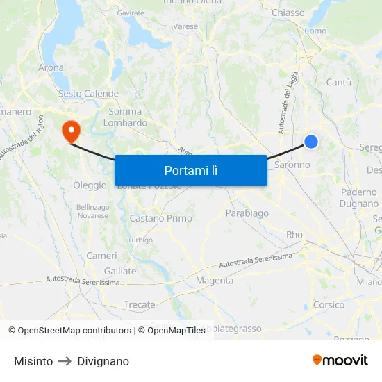 Misinto to Divignano map