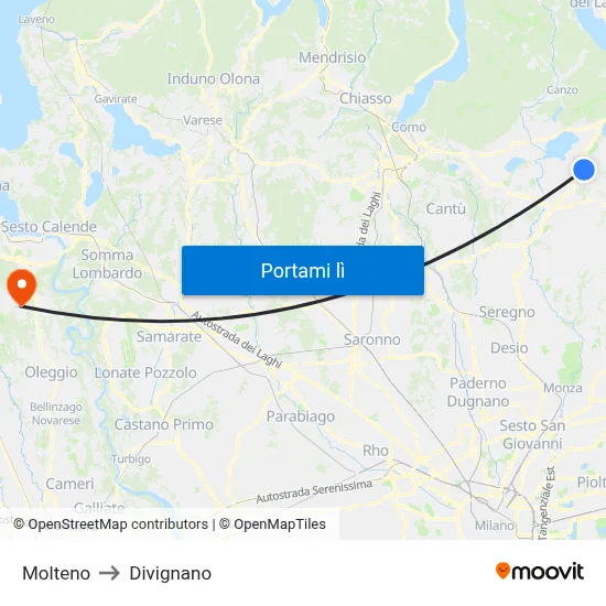 Molteno to Divignano map