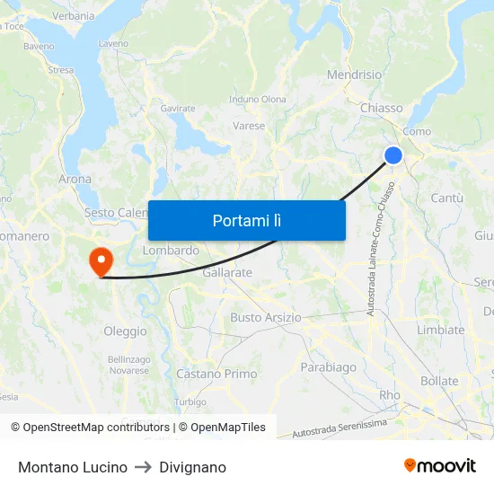 Montano Lucino to Divignano map
