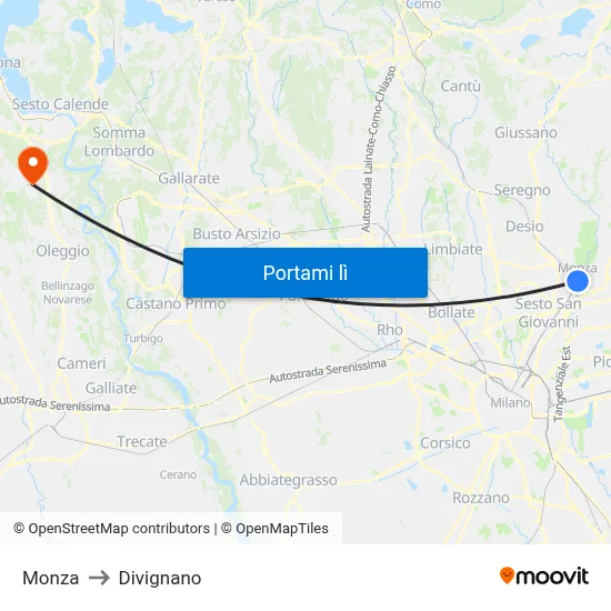 Monza to Divignano map