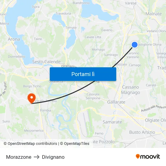 Morazzone to Divignano map