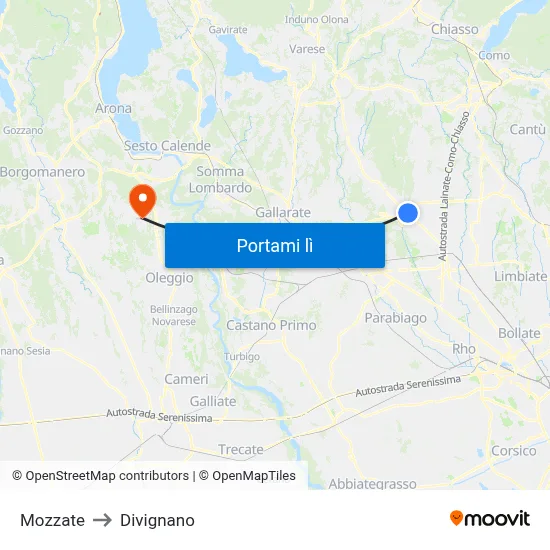Mozzate to Divignano map