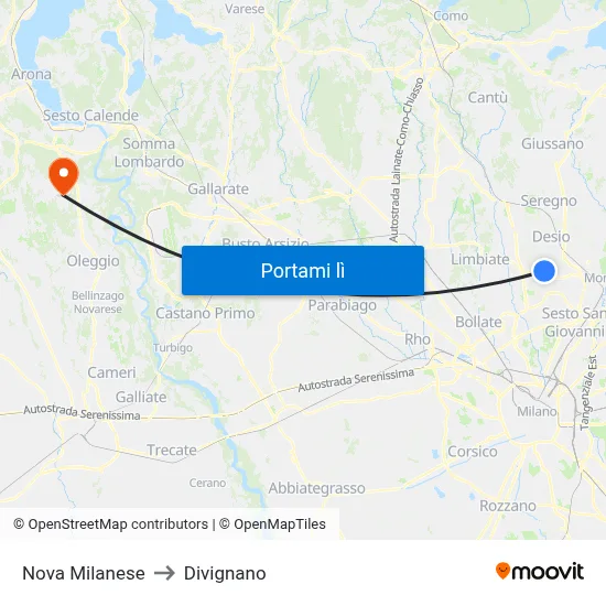 Nova Milanese to Divignano map