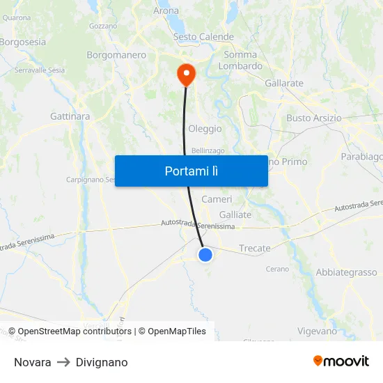 Novara to Divignano map