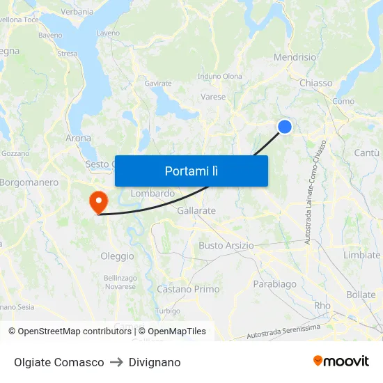 Olgiate Comasco to Divignano map