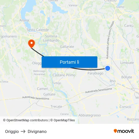 Origgio to Divignano map