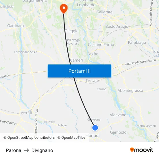 Parona to Divignano map