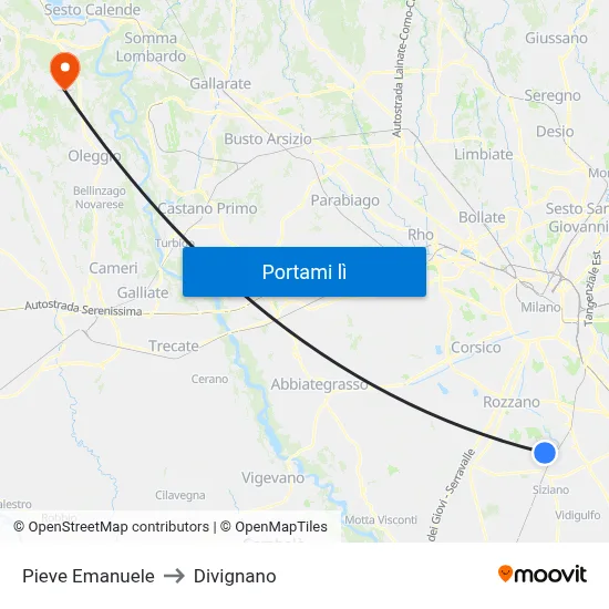 Pieve Emanuele to Divignano map