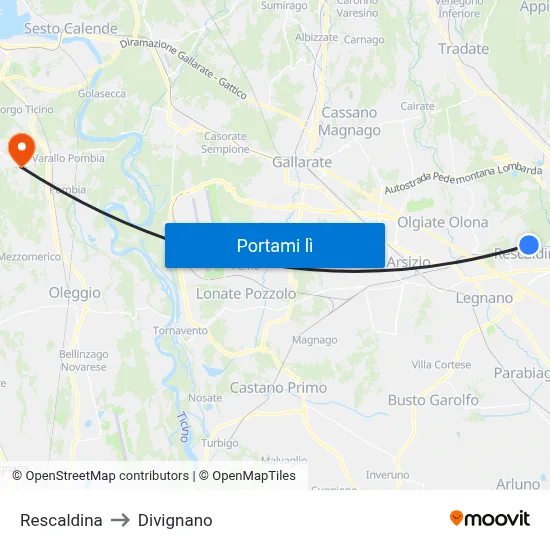 Rescaldina to Divignano map