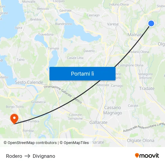 Rodero to Divignano map