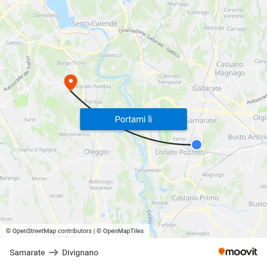 Samarate to Divignano map