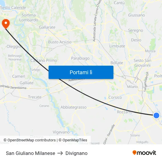 San Giuliano Milanese to Divignano map