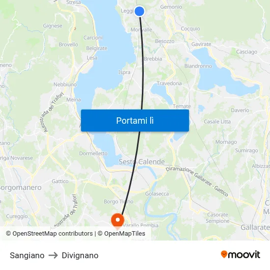Sangiano to Divignano map