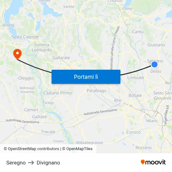 Seregno to Divignano map