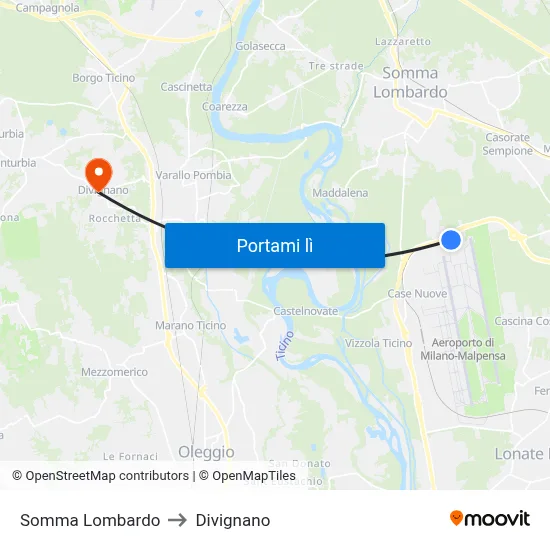 Somma Lombardo to Divignano map