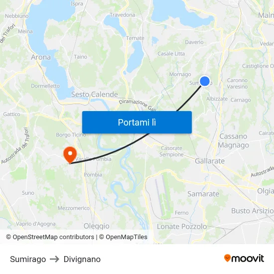 Sumirago to Divignano map