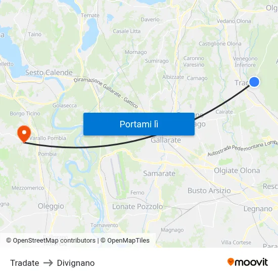 Tradate to Divignano map