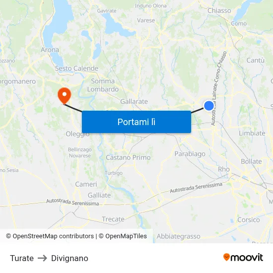 Turate to Divignano map
