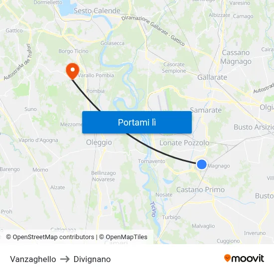 Vanzaghello to Divignano map