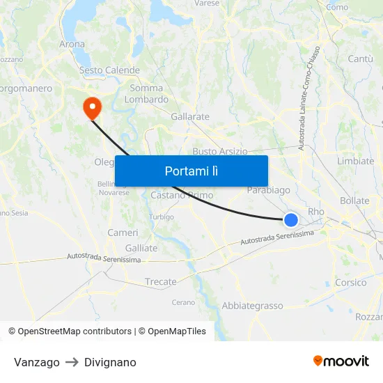 Vanzago to Divignano map