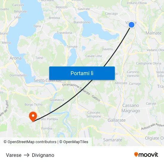 Varese to Divignano map
