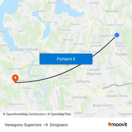 Venegono Superiore to Divignano map
