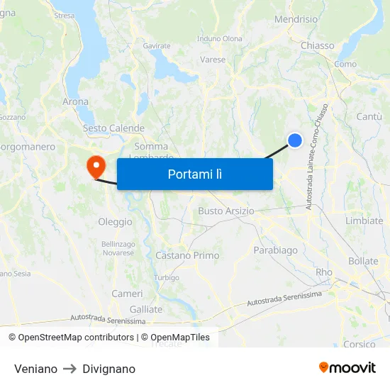 Veniano to Divignano map