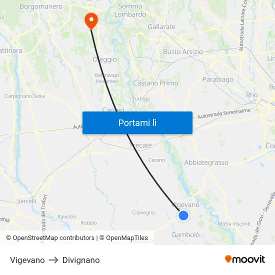 Vigevano to Divignano map