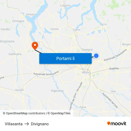 Villasanta to Divignano map